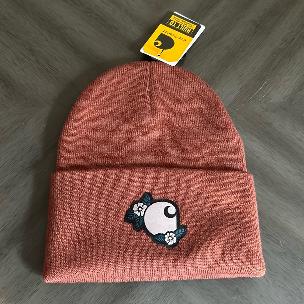 NWT Carhartt Women's Knit Floral Patch Beanie Brown